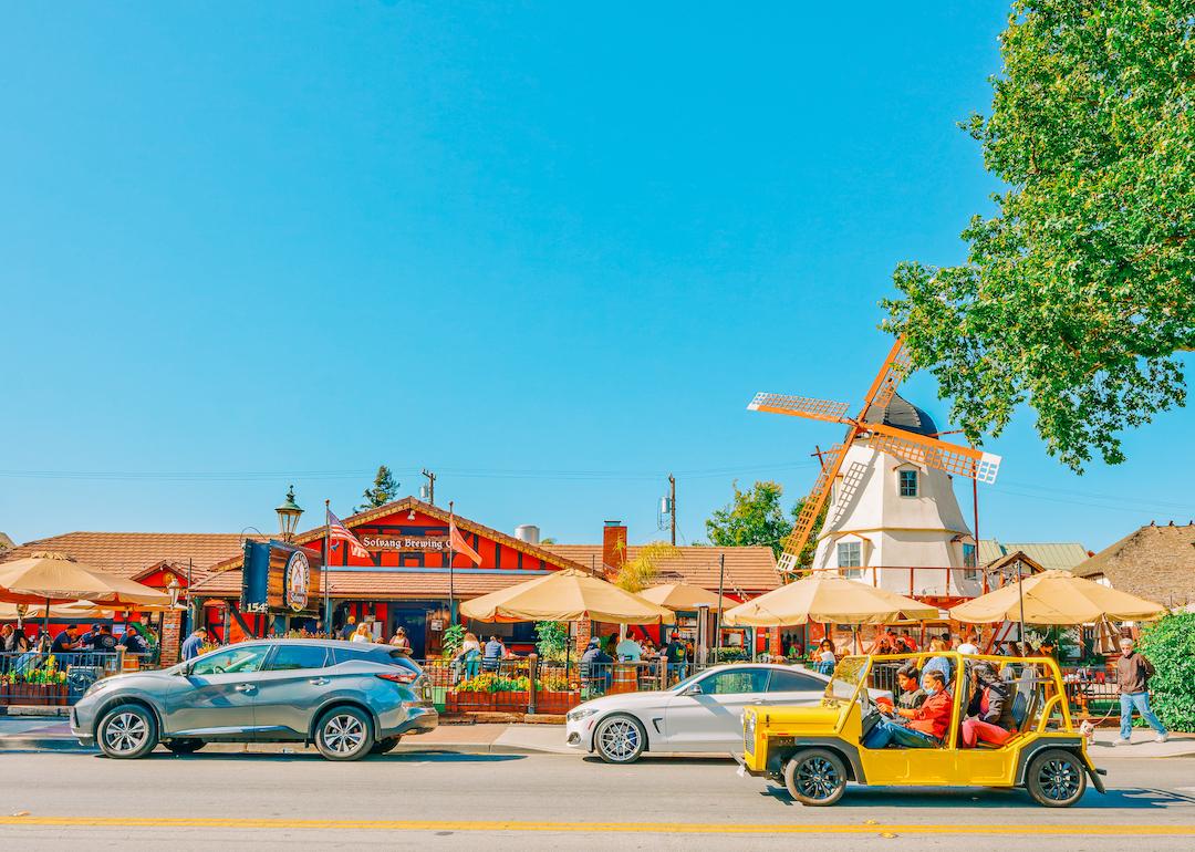 Cars driving through downtown Solvang, a city in Southern California's Santa Ynez Valley.