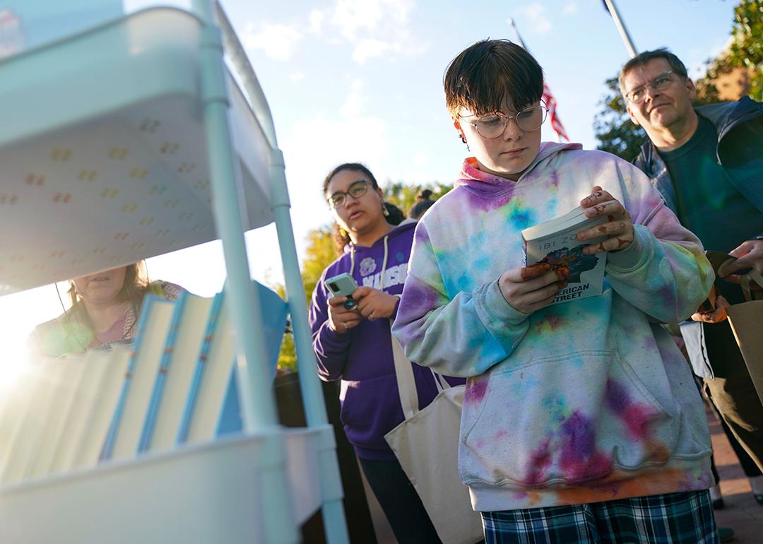 MoveOn Political Actions Banned Book Mobile in an event with local authors and teachers in Charlottesville, VA.