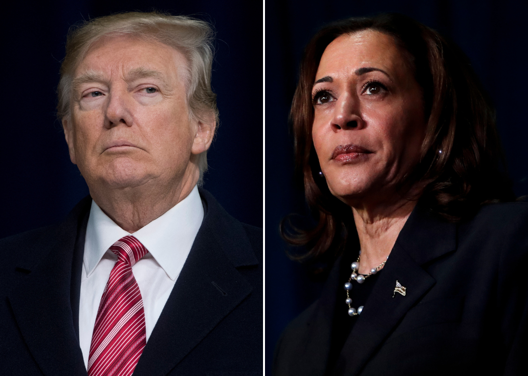 Side-by-side collage of presidential candidates Donald Trump (left) and Kamala Harris (right)