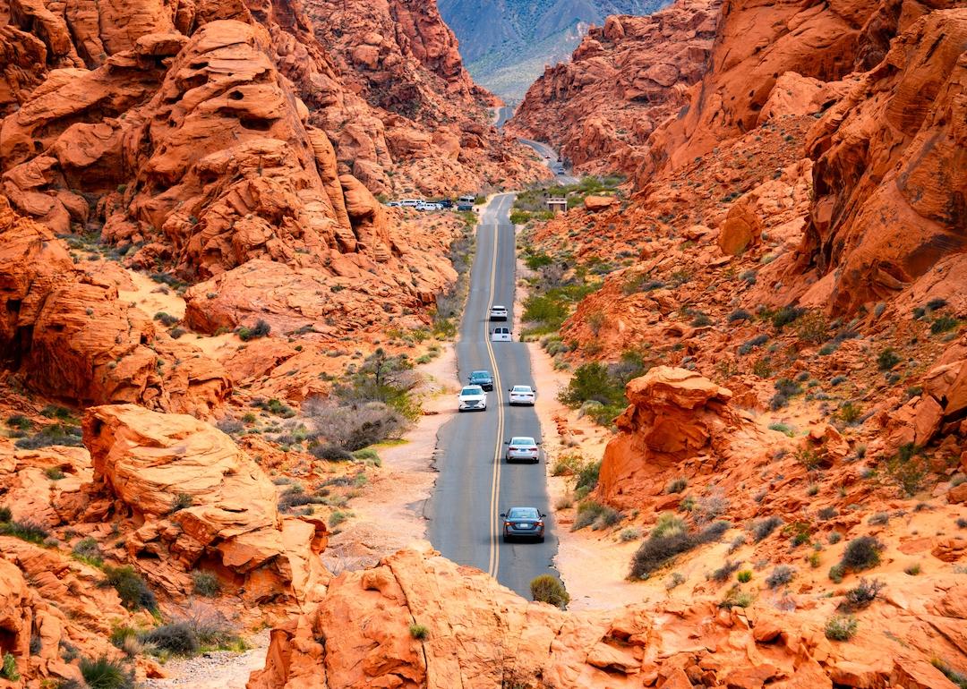 Narrow “White Domes Road“ scenic drive in the Valley of Fire State park near Las Vegas, Nevada.