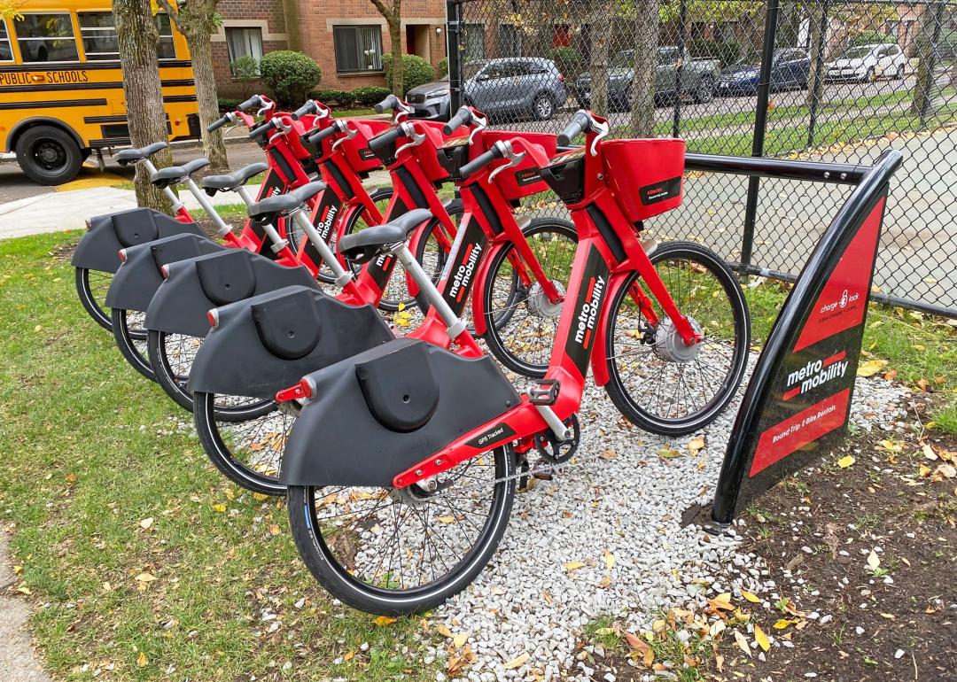 A rack of e-bikes.