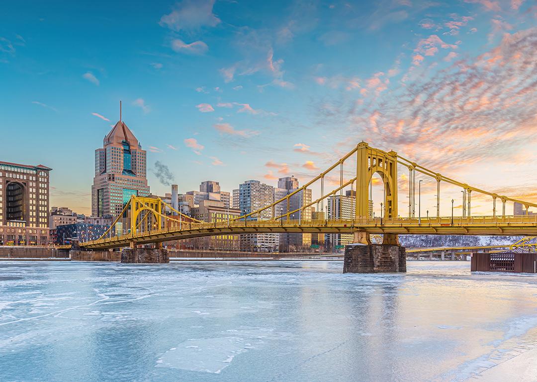 A skyline view of Pittsburgh City during winter in Pennsylvania.