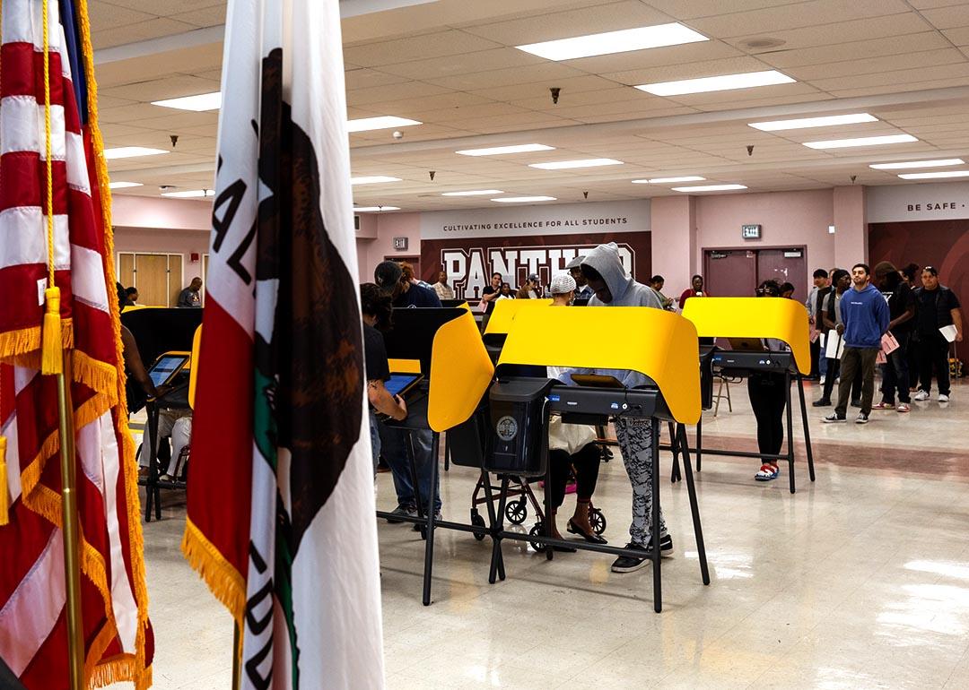 People cast their ballots for the 2024 United States Presidential Election at a polling station on November 5, 2024 in Los Angeles, California.