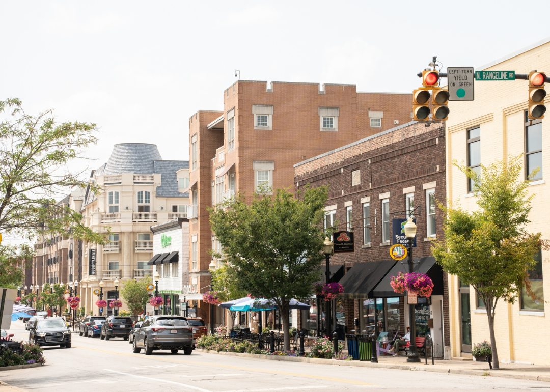 Street scene from the midwest suburban city of Carmel, Indiana along the Monon Trail near the Arts and Design District.