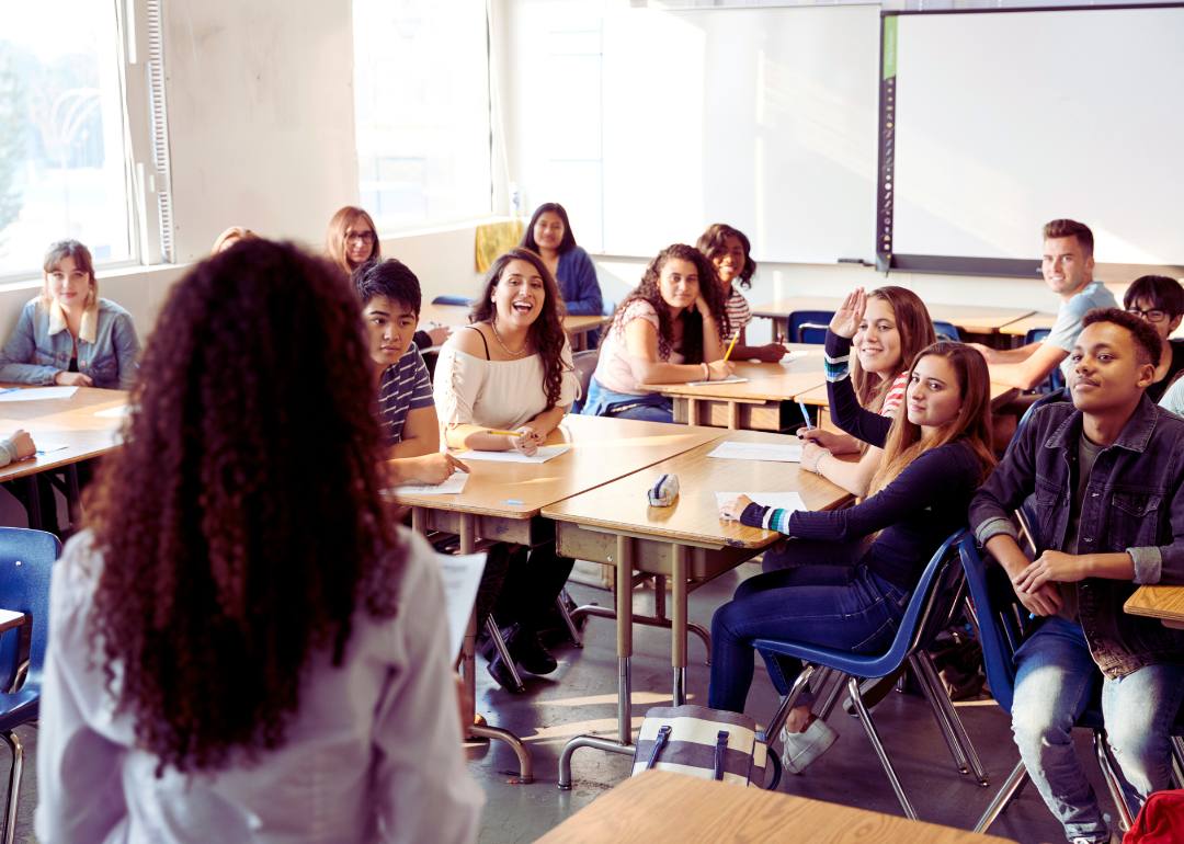 A high school classroom with teacher and students.