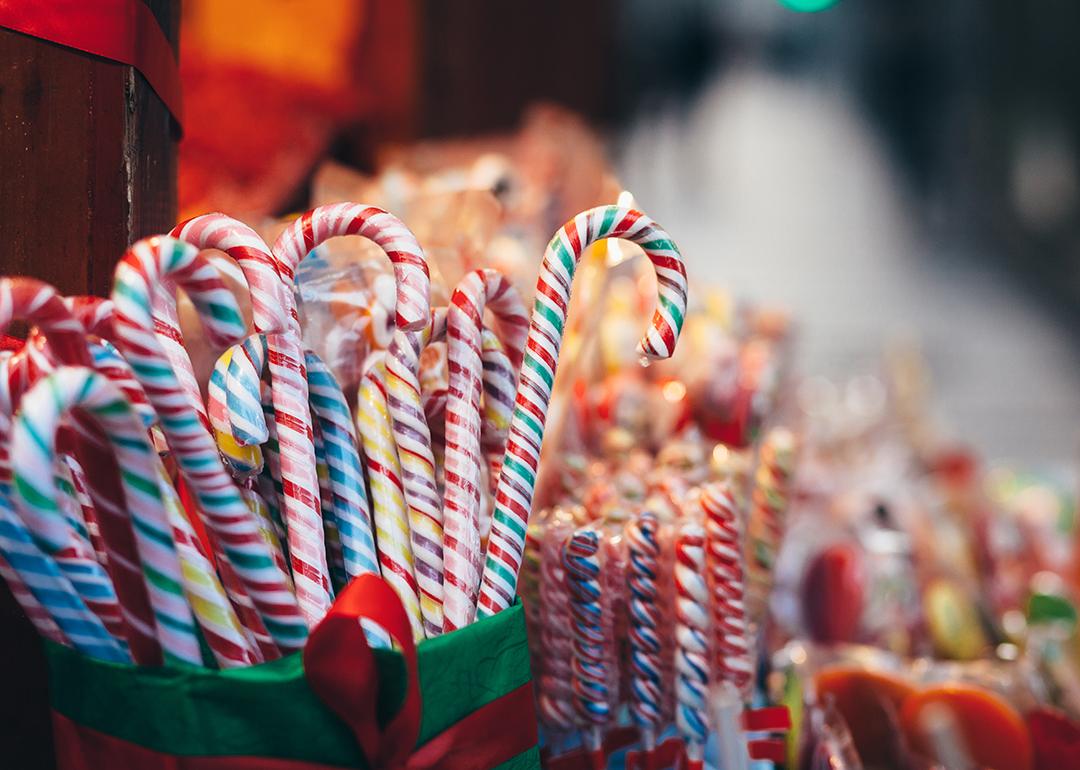 Colorful candy canes at a market.