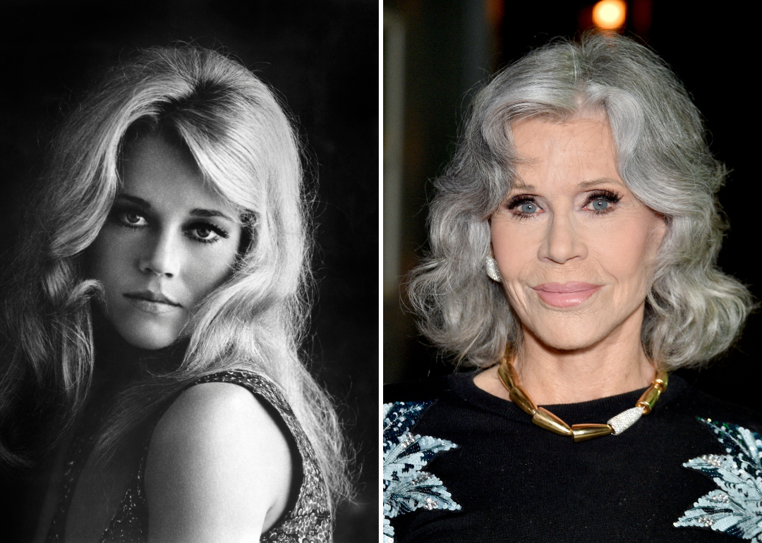 Side-by-side portraits of Jane Fonda from 1960 (left) and 2024 (right)