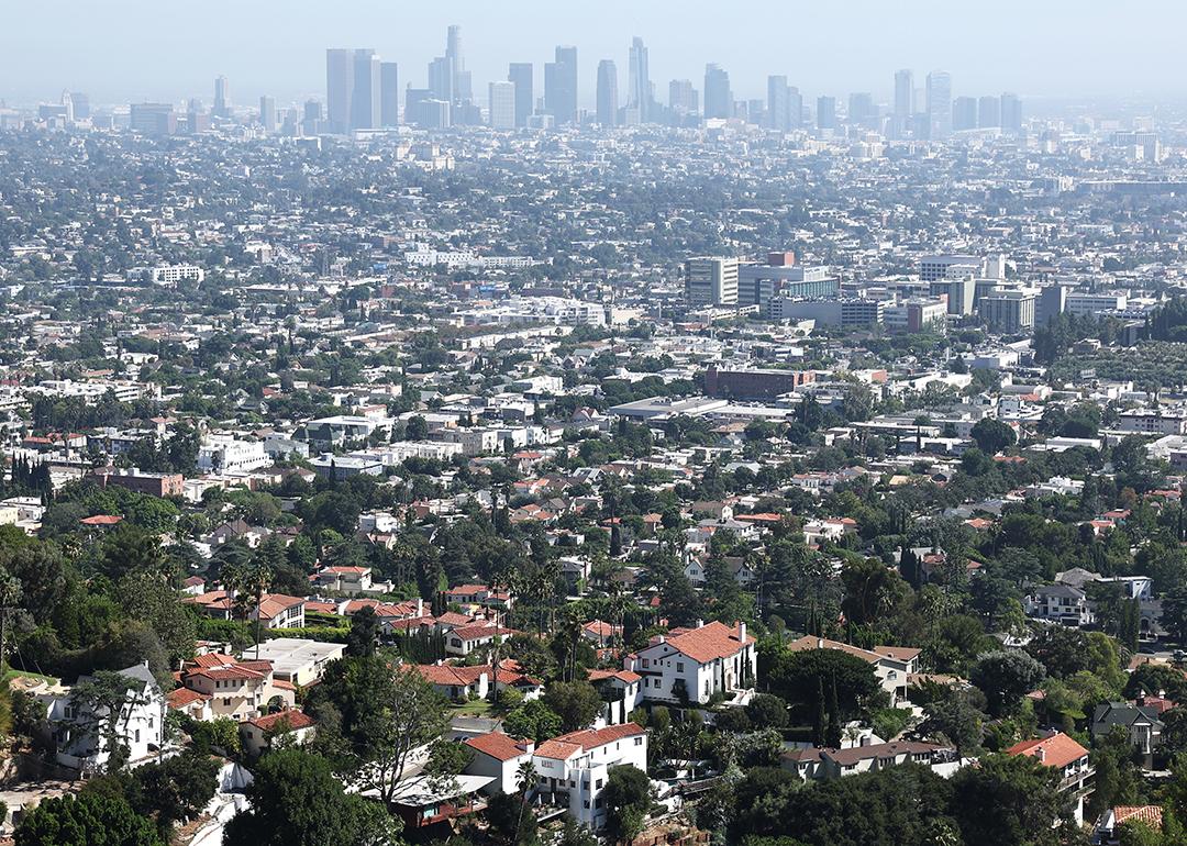 A foggy view of the downtown skyline in Los Angeles, California.