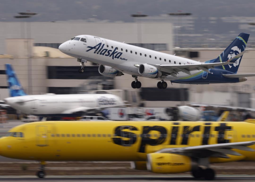 An Alaska Airlines Embraer E175 operated by SkyWest Airlines departs Los Angeles International Airport on Sept. 19, 2024.