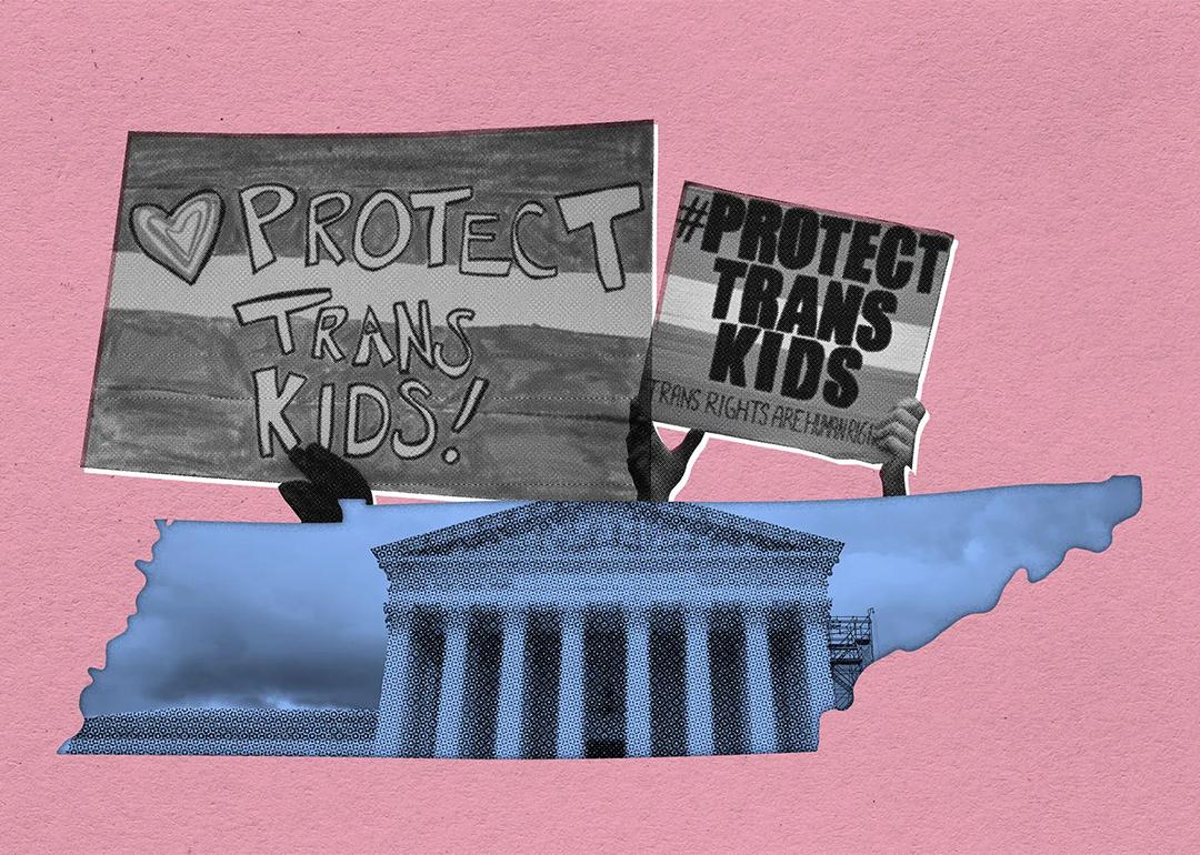 A collage illustration showing the U.S. Supreme Court over a graphic of a state and "Protect Trans Kids" protest signs.