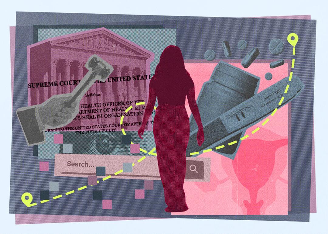 A custom illustration showing concepts of women's privacy, healthcare, pregnancy and the U.S. Supreme Court.