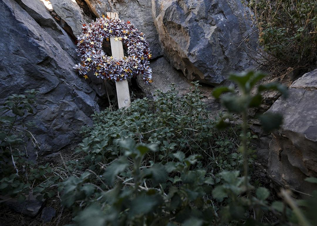 A wreath is placed at the Nutty Putty cave.