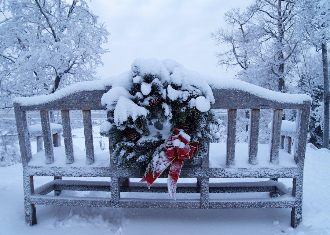 Bench with wreath in Anchorage, Alaska.