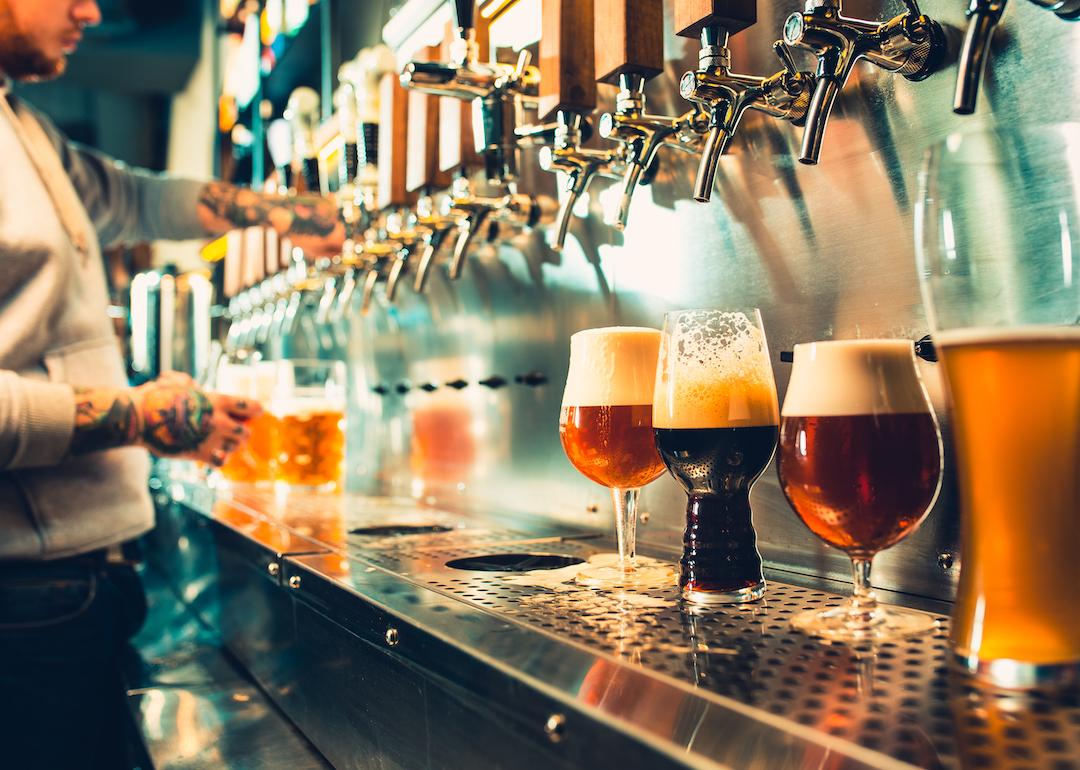 View of bartender pouring different types of beer on tap.