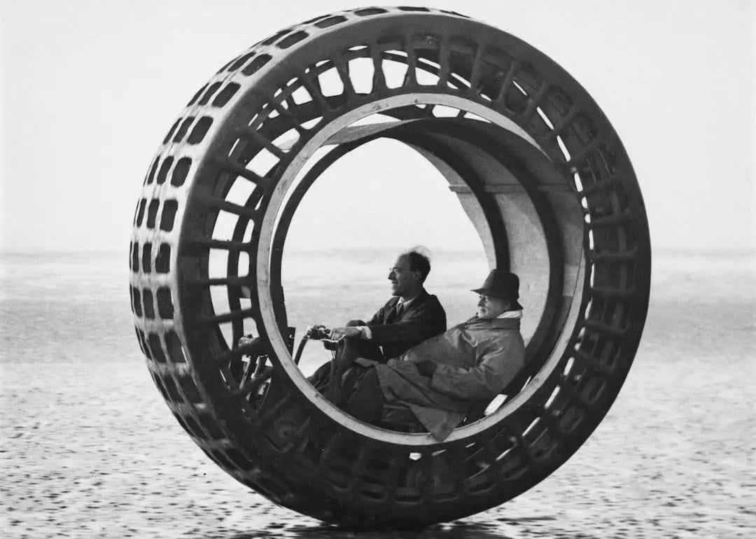 The Dynasphere, an electronically gas-driven monowheel vehicle, being tested on Brean Sands by its inventor, John Archibald Purves, in 1932 at Weston-super-Mare in Somerset, England.