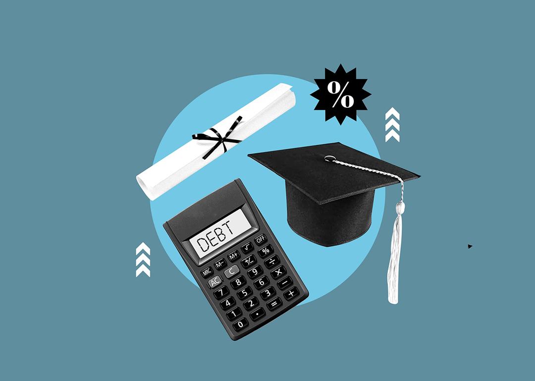 Conceptual illustration for student debt; a calculator with "debt" as text, graduation cap and a diploma.