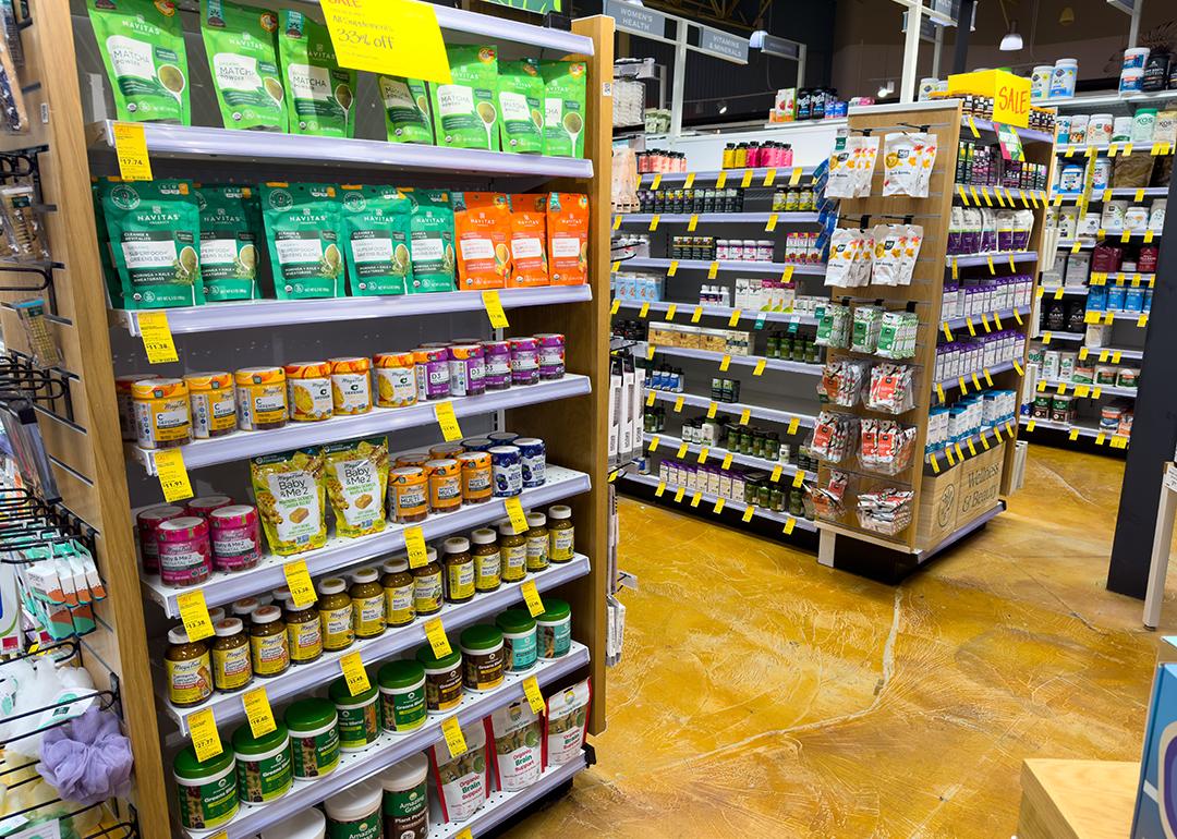 Isles of superfood and supplements inside a Whole Foods supermarket in Los Angeles, CA.