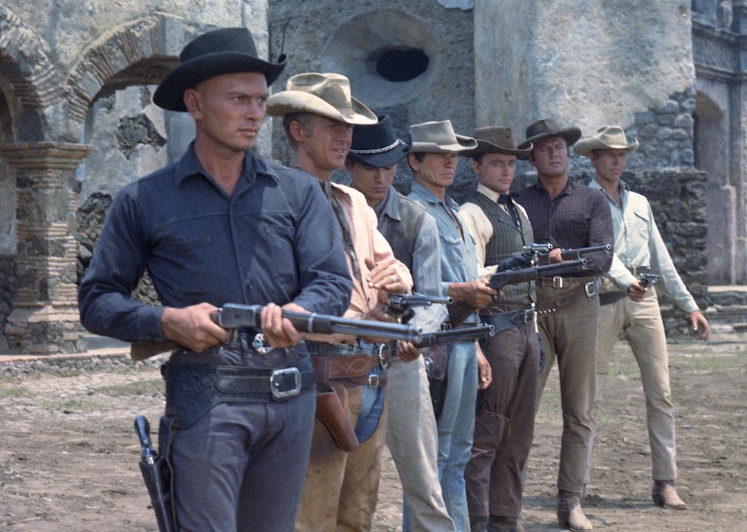 Actors Yul Brynner, Steve McQueen, Horst Buchholz, Charles Bronson, Robert Vaughn, Brad Dexter, and James Coburn in the 1960 movie 'The Magnificent Seven.'