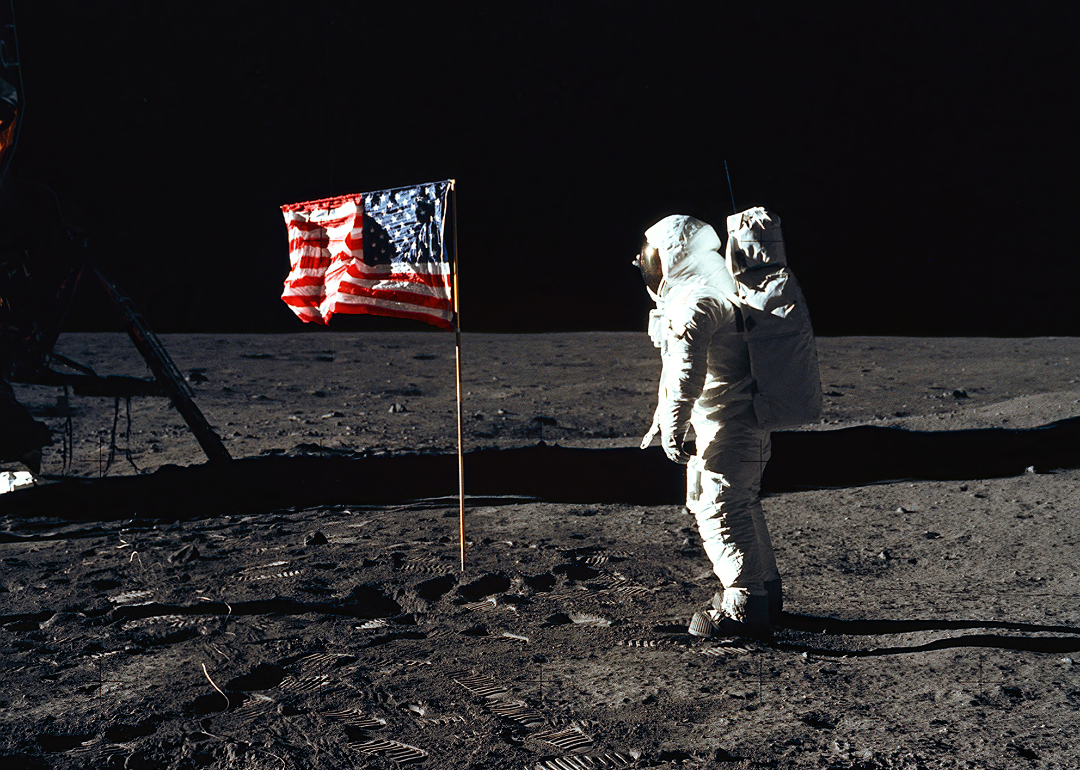 Astronaut Edwin E. "Buzz" Aldrin, Jr., beside the U.S. flag during an Apollo 11 moon walk, 1969. 