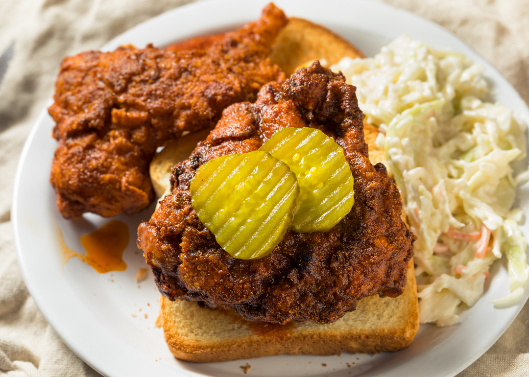 Nashville Hot Chicken with bread and pickles