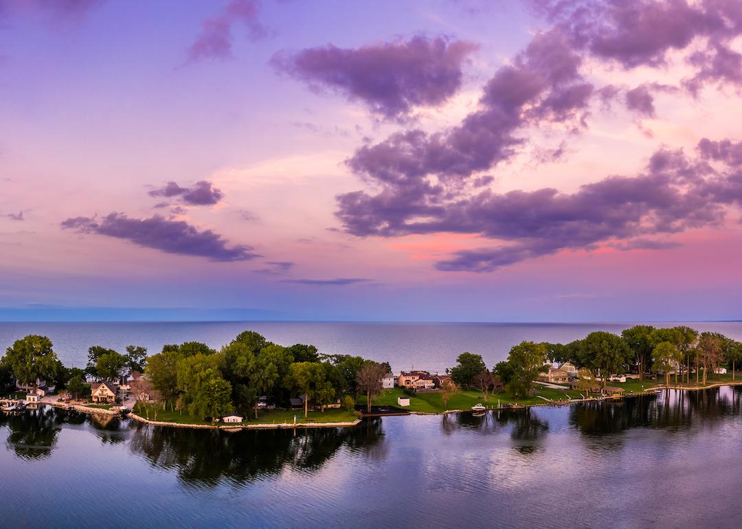 The Cedar Point peninsula at dusk, in Sandusky, Ohio, on Lake Erie.