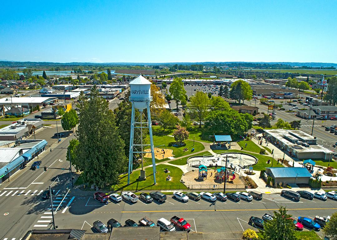 An aerial view of the Water Tower Comeford Park in Marysville, Washington.