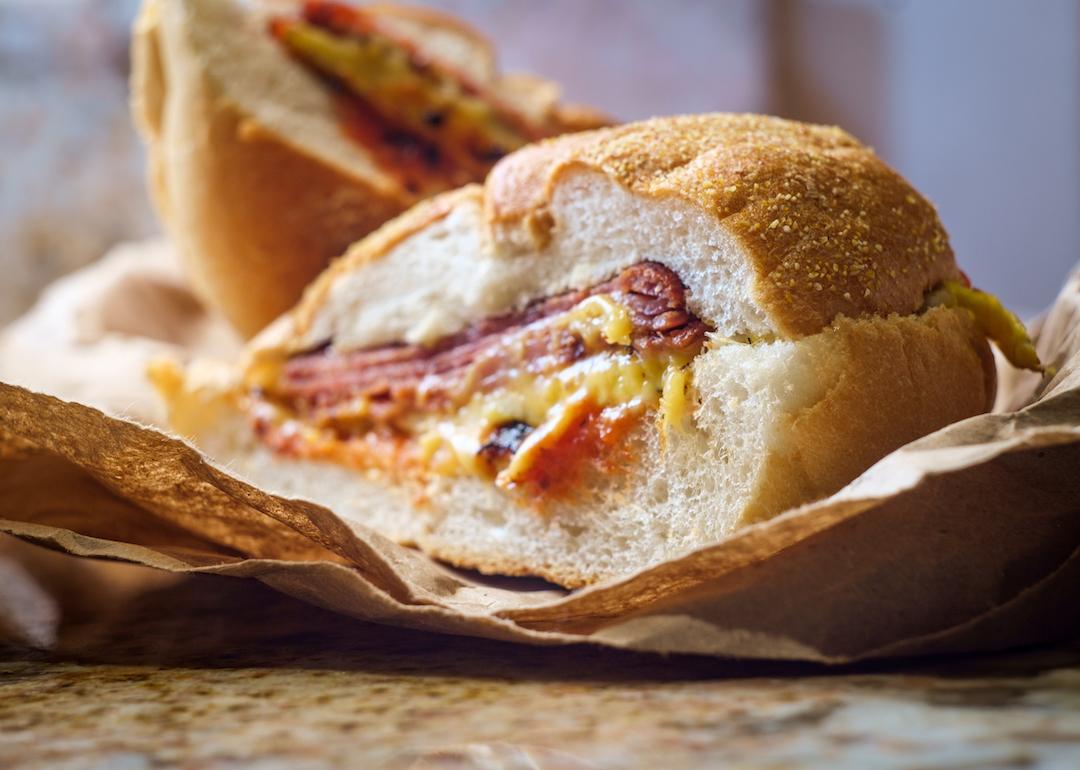 A pork roll, egg, and cheese breakfast sandwich on a kaiser roll with salt, pepper, and ketchup from New Jersey.