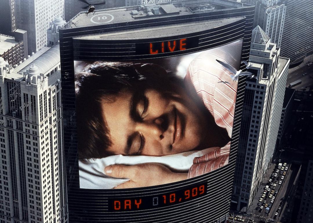 Jim Carrey sleeps in movie art for the 1998 film 'The Truman Show.'