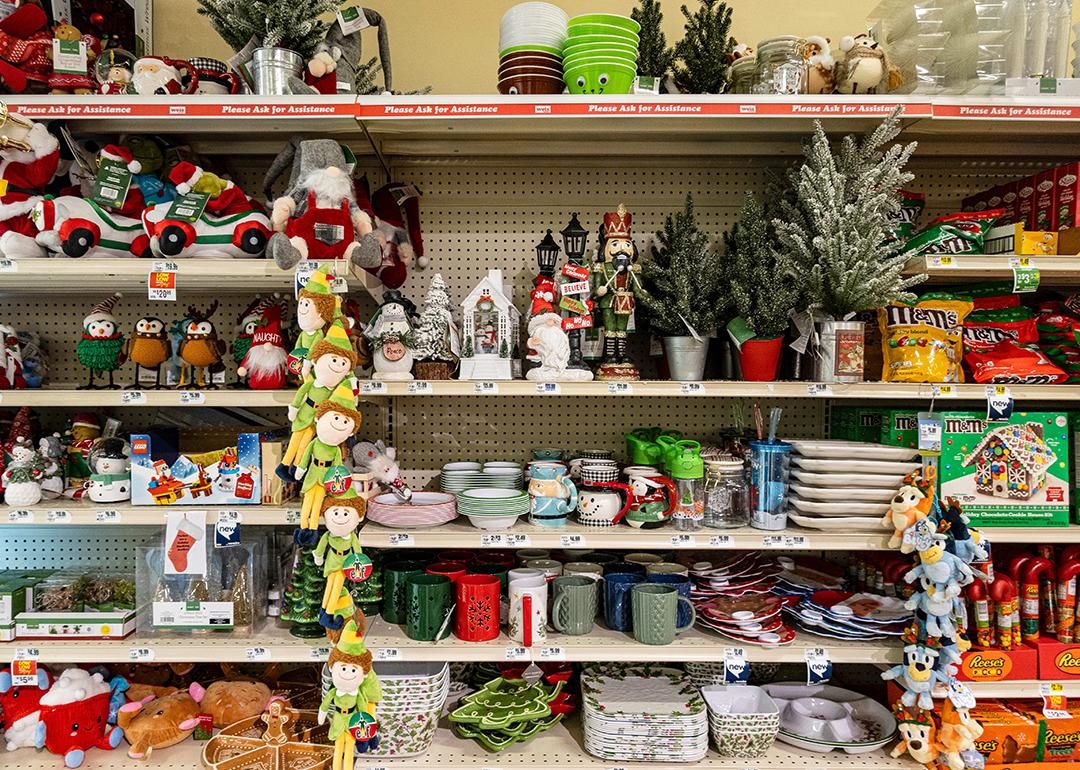 Christmas items such as decorations, toys and chocolates for sale at a local market.