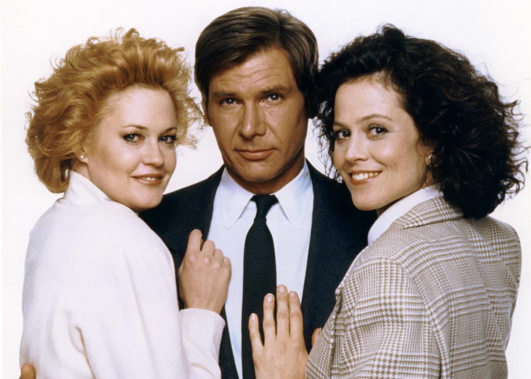 Actors Melanie Griffith, Harrison Ford, and Sigourney Weaver on the set of 'Working Girl.'