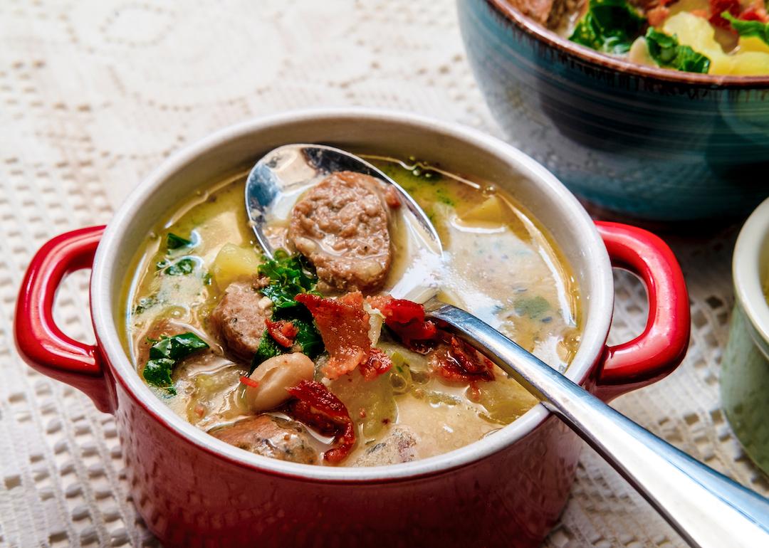 Italian zuppa toscana, a creamy potato soup made with sausage and kale.