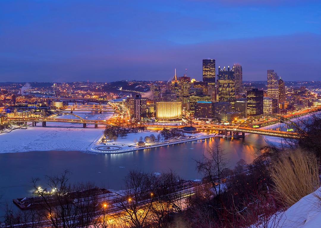 A view of downtown Pittsburgh during twilight.