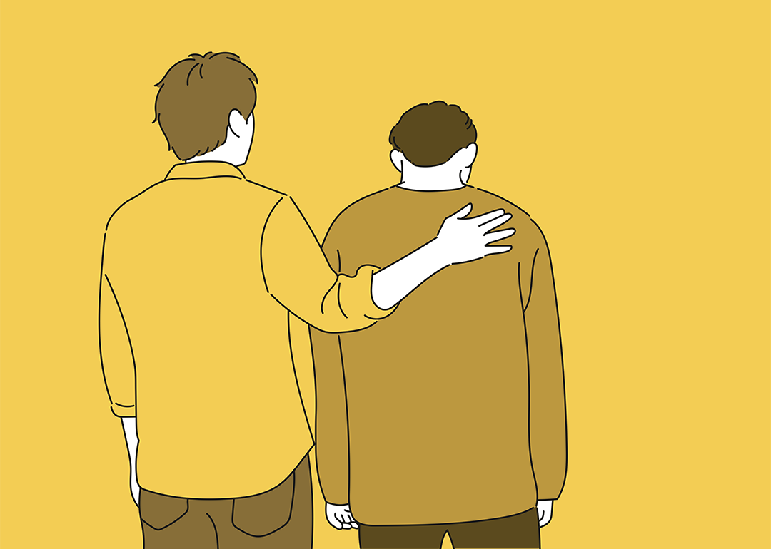 Vector style illustration on yellow of One man is patting the other man's shoulders and comforting him.