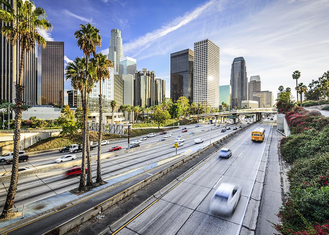 Cars driving on the roads of downtown Los Angeles, California.