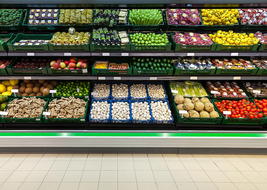 The fresh produce shelf on a supermarket.