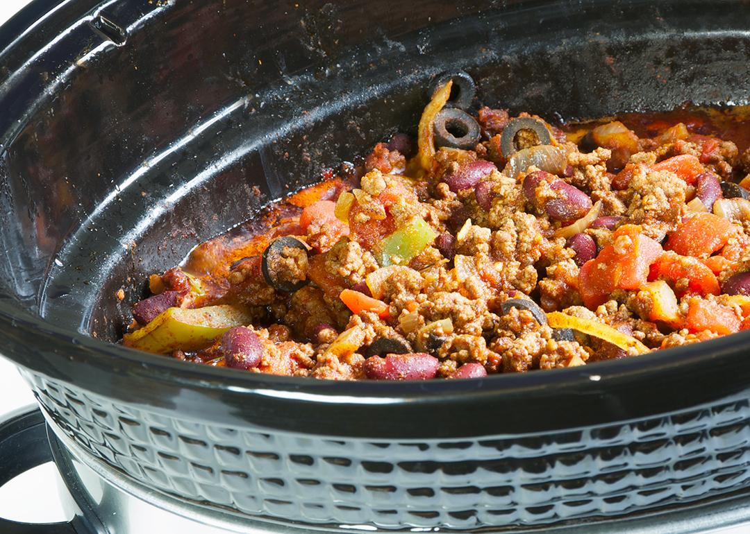 Homemade chili cooked using a slow cooker.