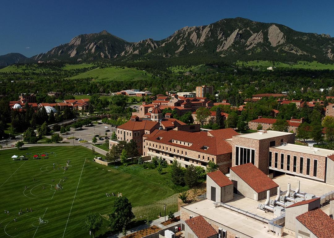 An aerial view of the landscape and campus of University of Colorado in Boulder, CO.