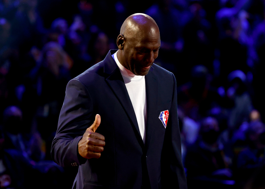 Michael Jordan reacts after being introduced as part of the NBA 75th Anniversary Team during the 2022 NBA All-Star Game, February 2022.