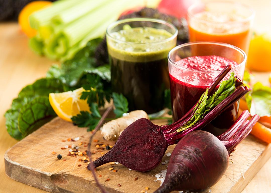 Vegetables such as beetroot, carrot, celery and ginger made into juice.