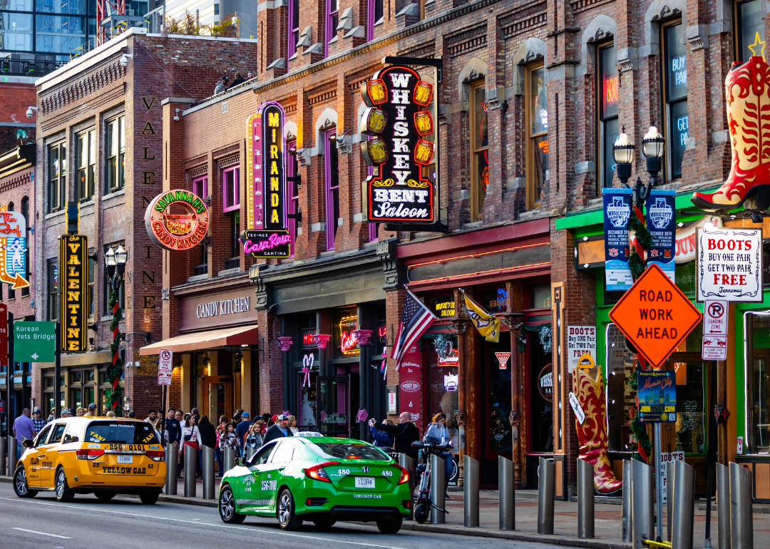 Famous neon signs of blues clubs on Beale street in downtown Nashville