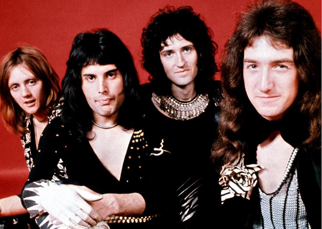 Drummer Roger Taylor, singer Freddie Mercury, guitarist Brian May, and bassist John Deacon of British rock band Queen pose in London, England in 1973.