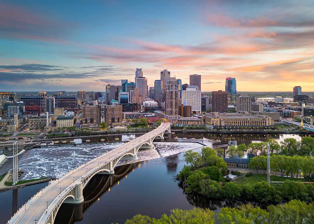 Aerial view of Minneapolis, Minnesota's downtown skyline with a view of the river.