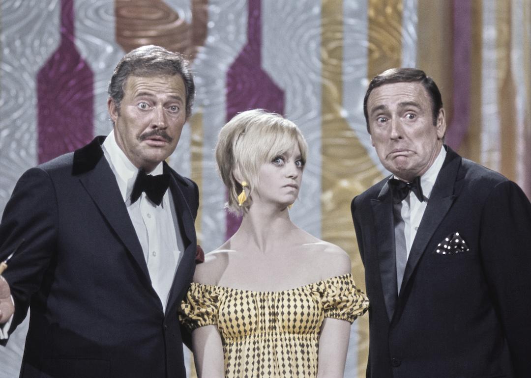 Dan Rowan, Goldie Hawn, and Dick Martin in a publicity still for "Rowan & Martin's Laugh-In," filmed at NBC Studios in Burbank, California, in 1969.