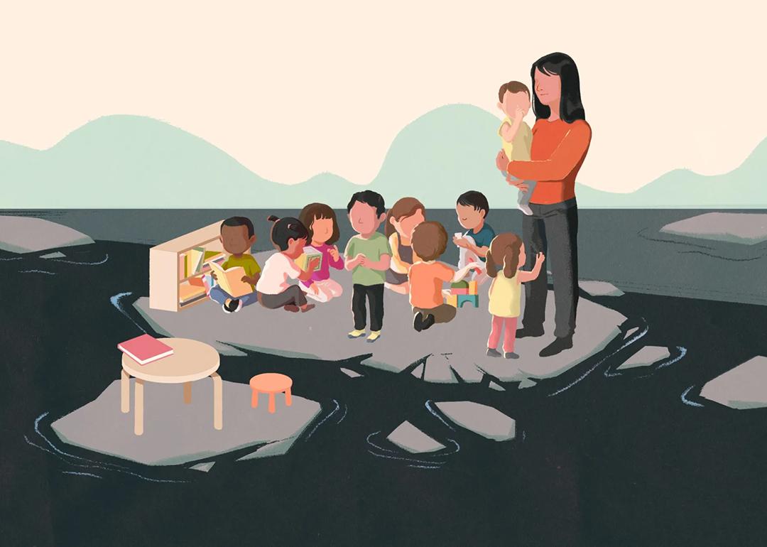 A woman looking after a class of children illustrated with the concept of melting, thinning ice.