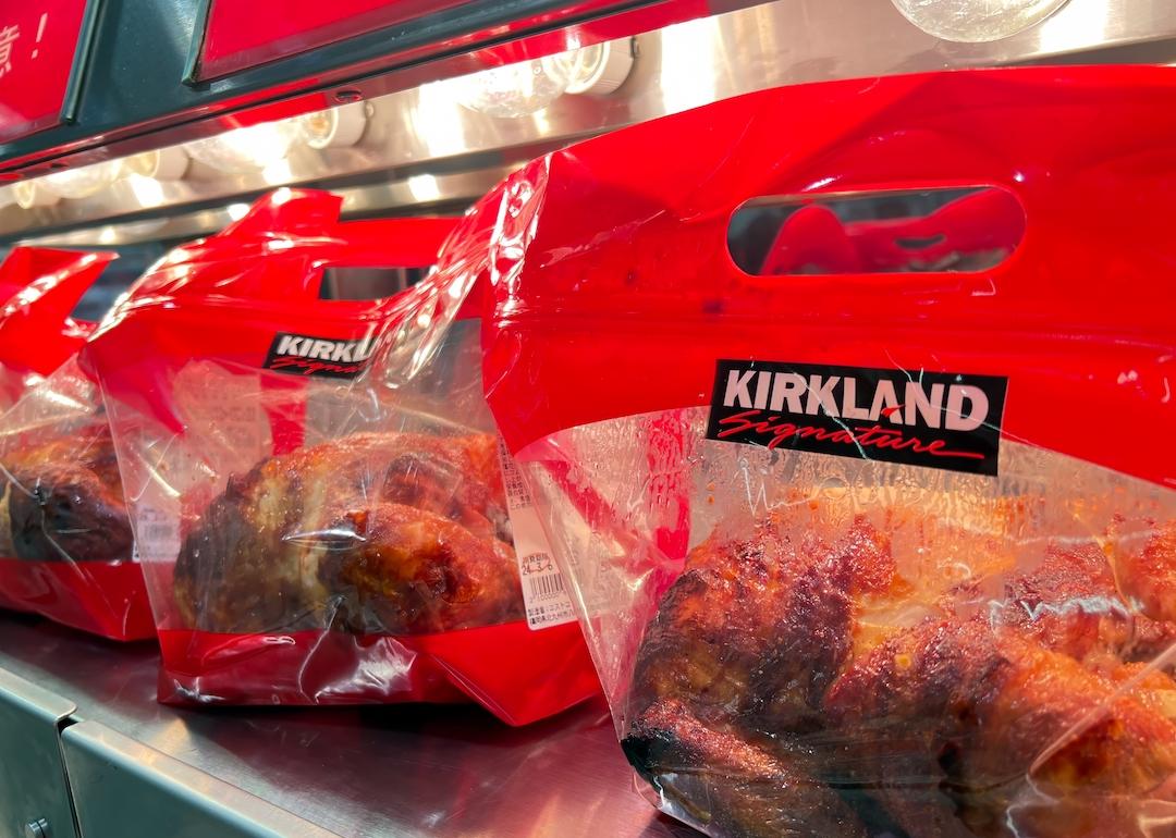 Costco rotisserie chicken in a new plastic bag packaging.