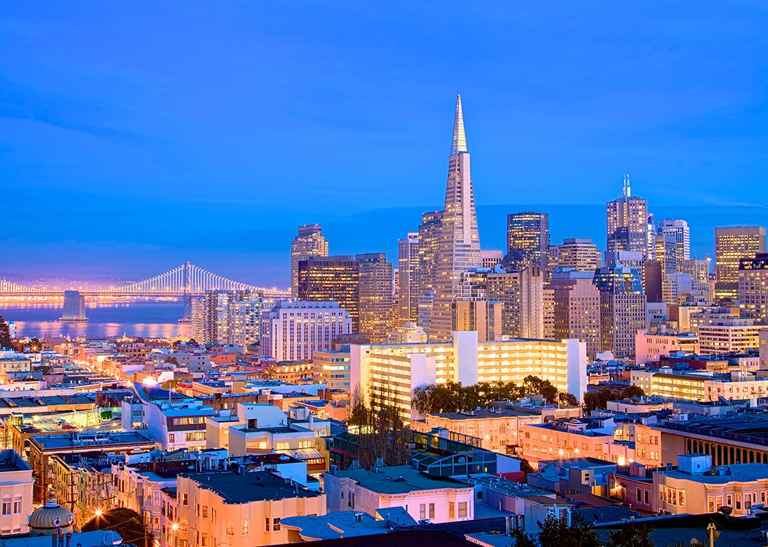 A cityscape view of skyscrapers and Golden Gate Bridge in San Francisco during dusk.