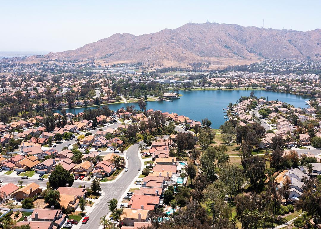 An aerial and scenic view of a suburban neighborhood in Moreno Valley, Riverside, California.