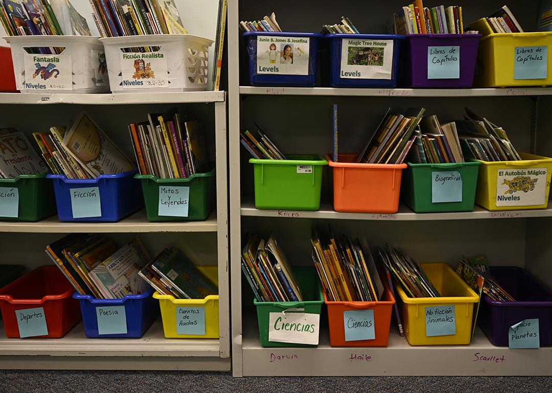 Books are shelved by category in Castro Elementary, a small bilingual school in the Denver Public School system in Colorado.