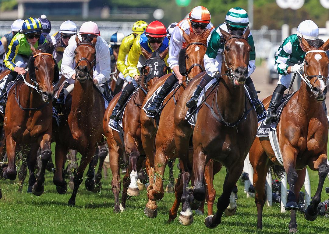 An intense horse race during the 2023 Lexus Melbourne Cup in Melbourne, Australia. 