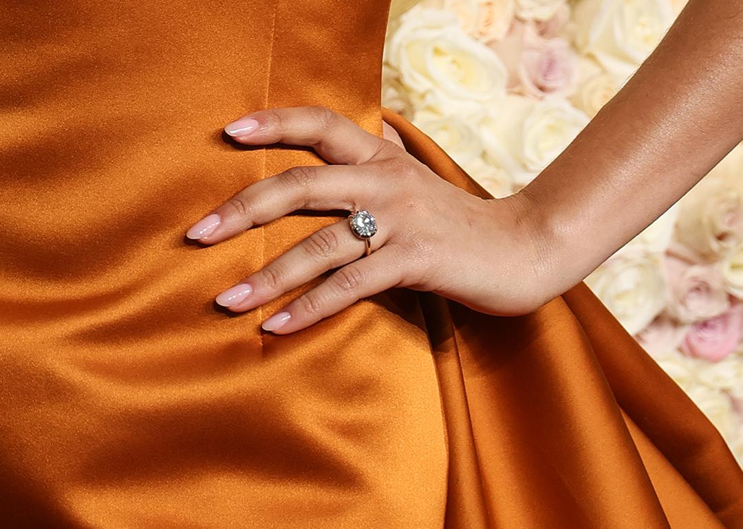 A closeup of Zendaya's engagement ring during her attendance to the 82nd Annual Golden Globe Awards on January 5, 2025 in Beverly Hills, CA.